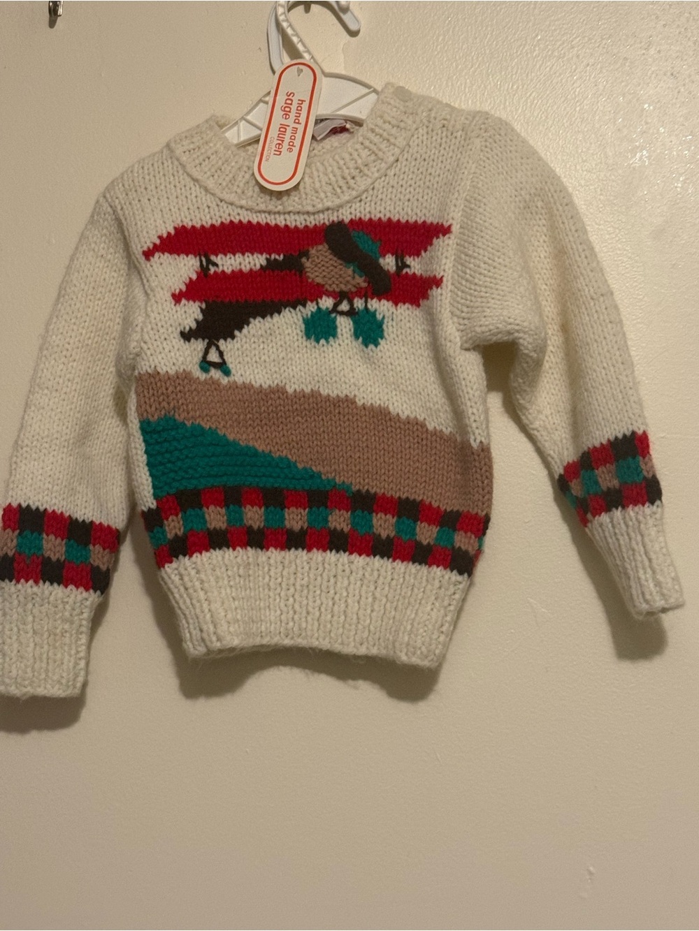 Vintage plane Kids Cream Knit Sweater with Red & Teal Accent 2T